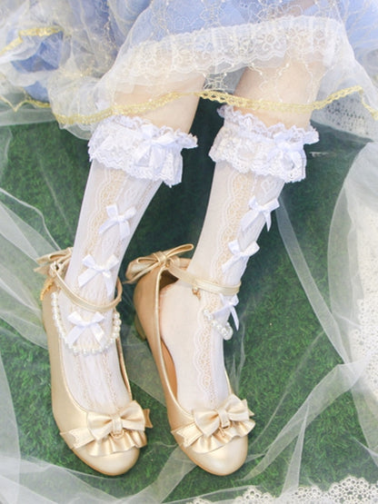 White/Cream Yellow Ruffled Lace Cuff Bows Calf Socks