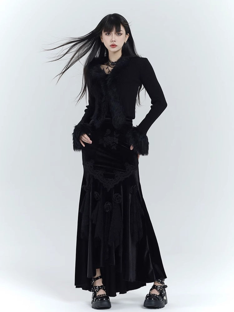 Gothic Black V-Neck Plush Trim Slim-fitting Knitted Sweater