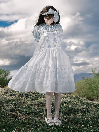 Light Blue Sheer Short-Sleeve Crew Neck Tencel Blouse with Lace - Yimu Walnut