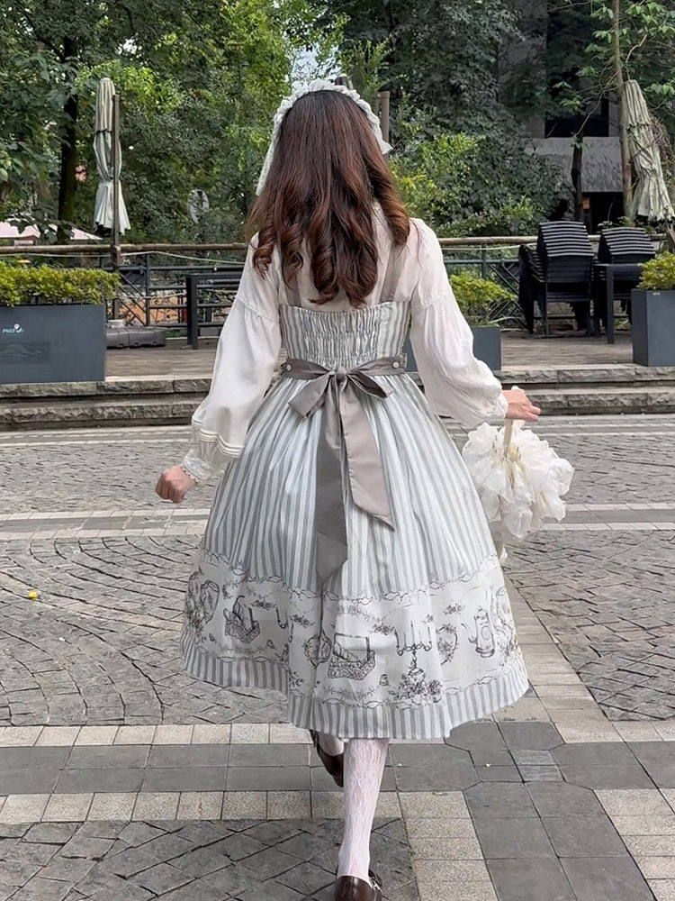 Antique Porcelain Print and Embroidery Classic Lolita JSK Dress with Blue and Gray Striped Pattern - Birds Diary