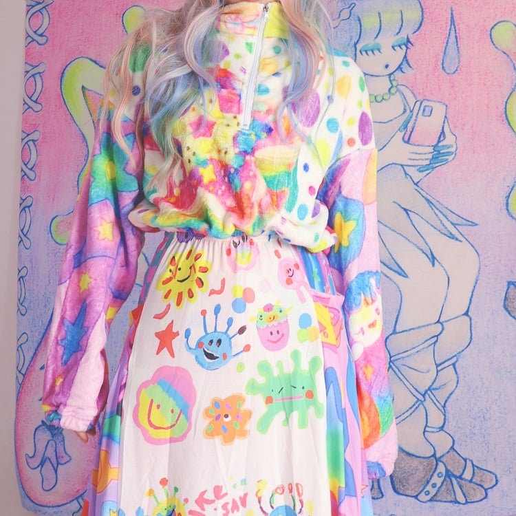 Top Colorful Print Polka-Dot Y2K Star Pattern Flannel Long Sleeves