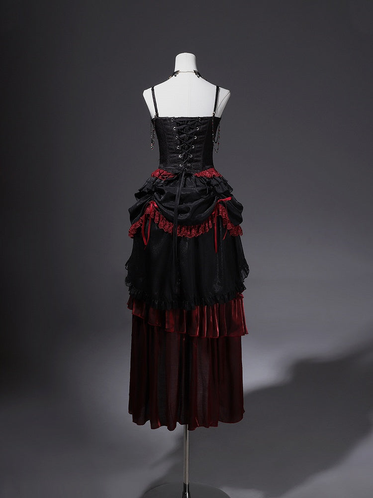 Black Red Gothic Corset Top and Skirt Set with Choker - Xiong Dou Jiang