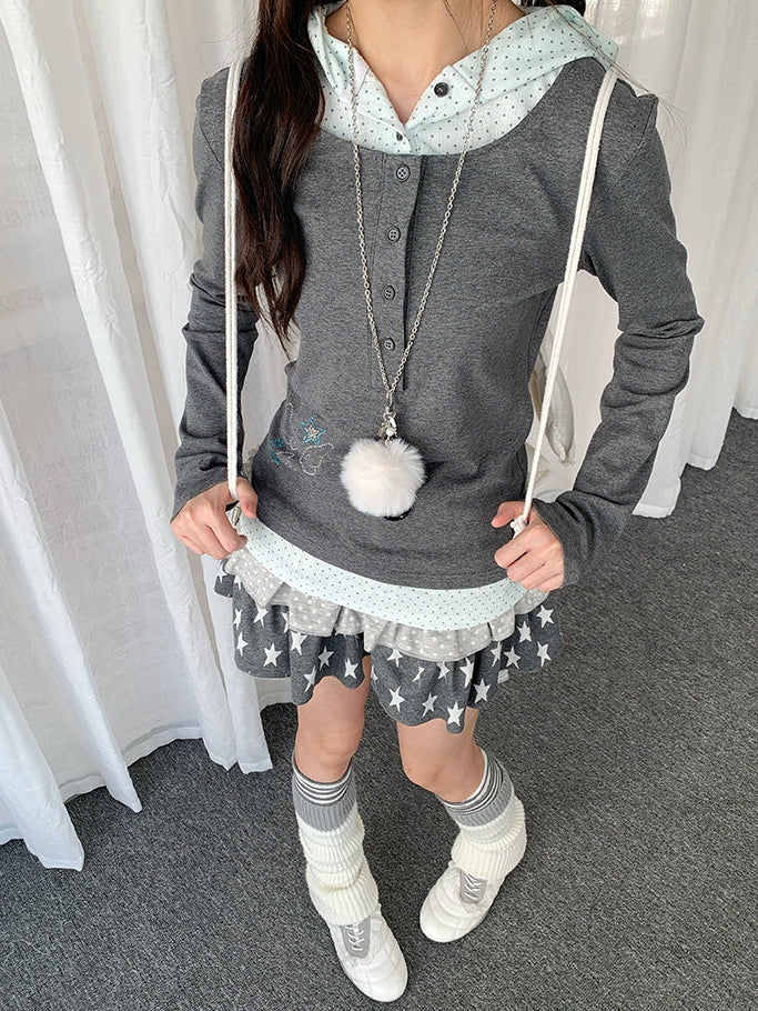 Y2K Dot Wings Patchwork Rhinestone Gray Hooded with Two-piece Polka Top
