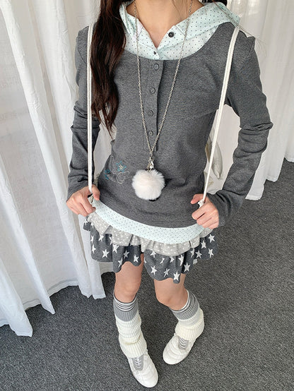 Y2K Dot Wings Patchwork Rhinestone Gray Hooded with Two-piece Polka Top