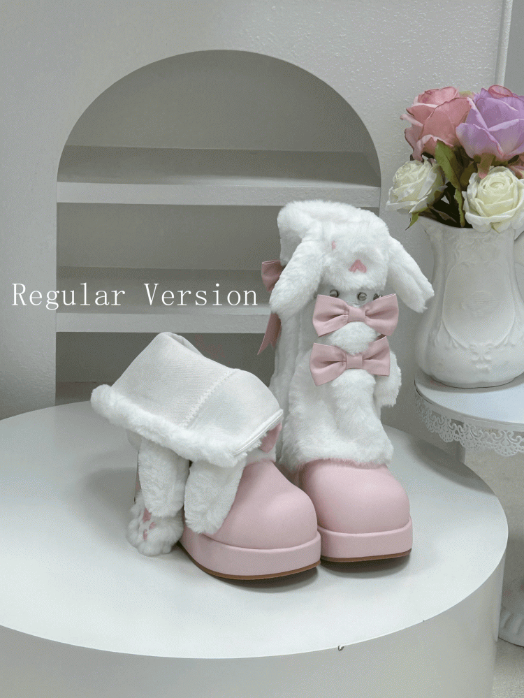Winter Studded Edgy Ear Bunny Boots Regular Platform Sweet / Version Pink Fleece-Lined