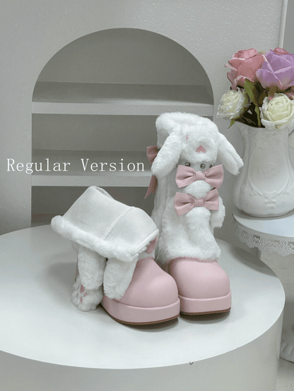 Winter Studded Edgy Ear Bunny Boots Regular Platform Sweet / Version Pink Fleece-Lined