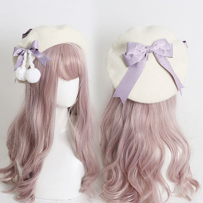 Colors 6 With Pom-Poms Cute Girly-Style White Cream Beret Bowknot