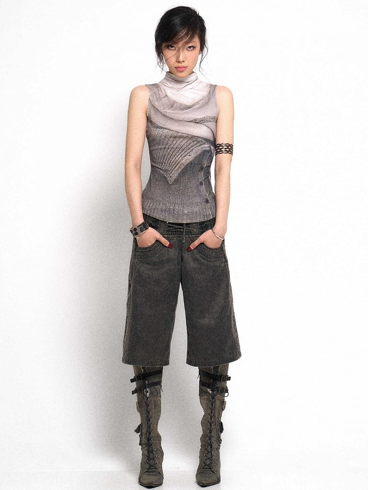 Vest Neck Knit Grey Mock