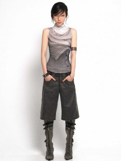 Vest Neck Knit Grey Mock