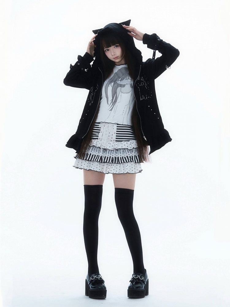 Cute Lace Trim Skirt with Stripe and Polka Dot - Yameko