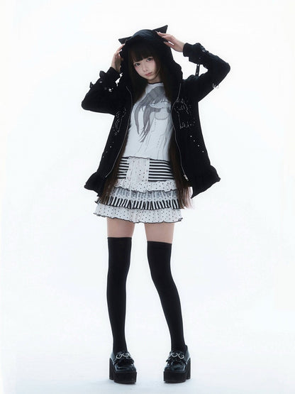 Cute Lace Trim Skirt with Stripe and Polka Dot - Yameko