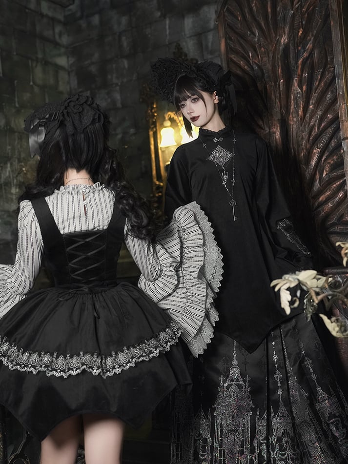 Embroidery Under Boned Lolita Black Waist Gothic Curved Dress Candelabra Bust Hem with