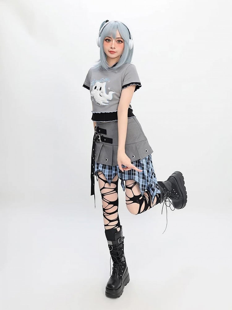 Blue Plaid Handkerchief Hem Gray Buckle Y2K Straps Skirt