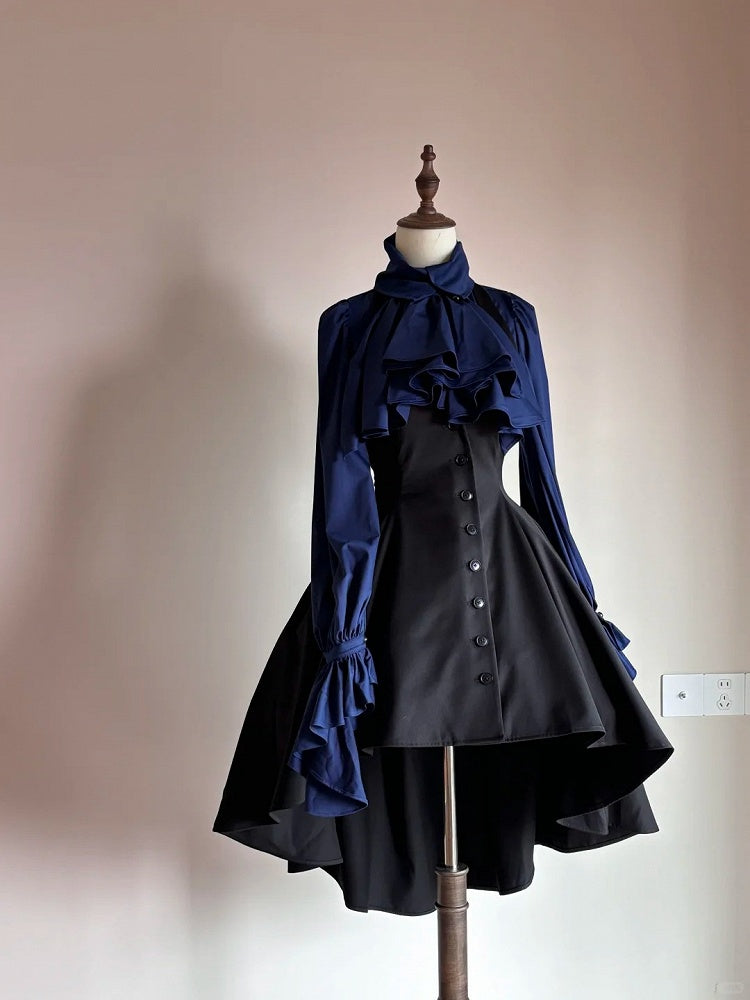 Lolita Collar Blouse Dark Jabot Long-Sleeve Blue