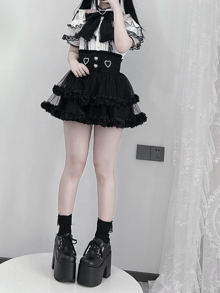 Sleeves Blouse Illusion Neckline White Short Contrast Black Lace with Jirai Kei Trim