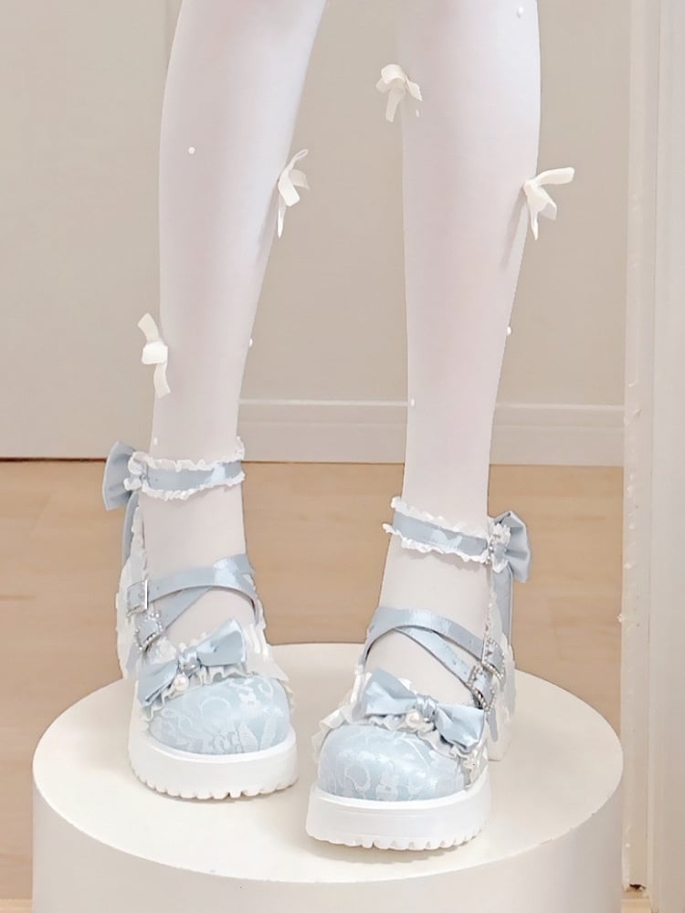 Baby Blue Sweet Lolita Mid Heels - Ornate Crystal Fastener, Ruffle Details & Crisscross Design