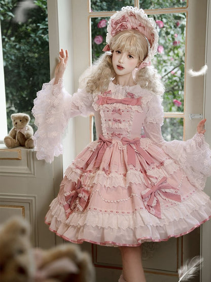 Rosa Ärmel Bluse Glocke Lange Schleifen Verziert Layered Weiß