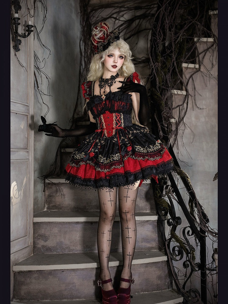 Gothic Lolita JSK Dress with Bat Pattern and Floral Embroidery in Black and Red - Dream Magic Box