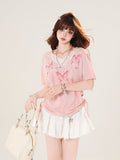 T-shirt Pink Neckline Lace with Drawstring Applique Print Side Butterfly