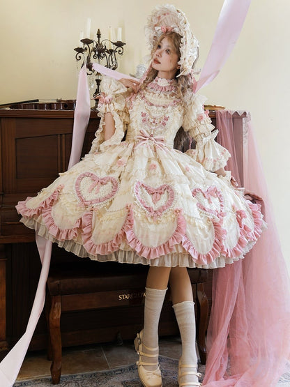 Beige Hanayome Rosette Stickerei Blumen und Perlenkette Lolita OP Komplettset