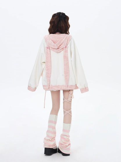 Apricot & Pink Heart-shaped Buttons Hoodie with Detachable Bunny Ear Design