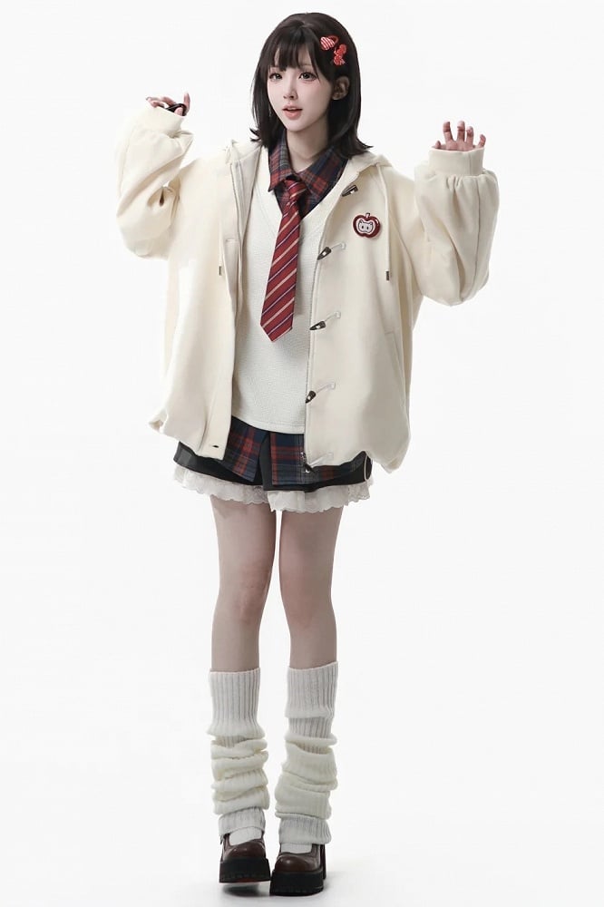 White Sweatshirt with Two-piece Apple Brooch
