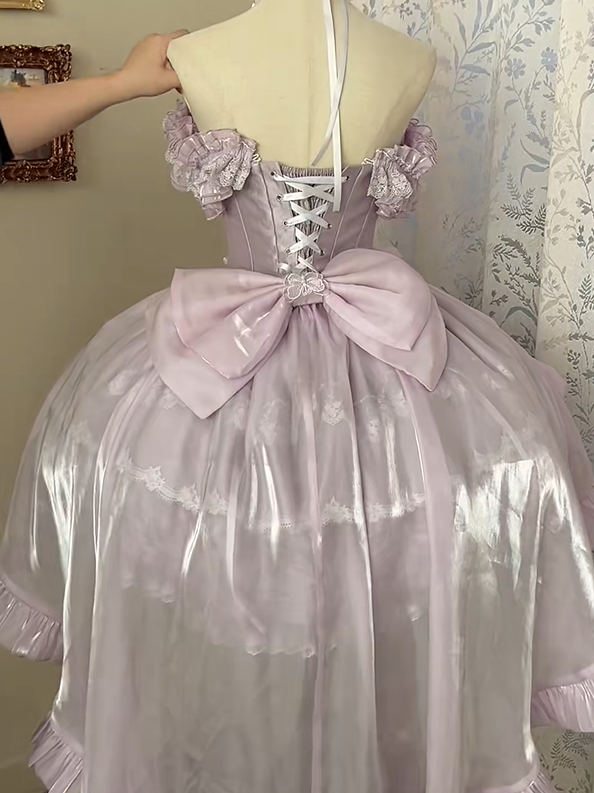Lace Basque Blooming Flower Accents Hime Fluffy Lolita with Waist Layered Dress Purple