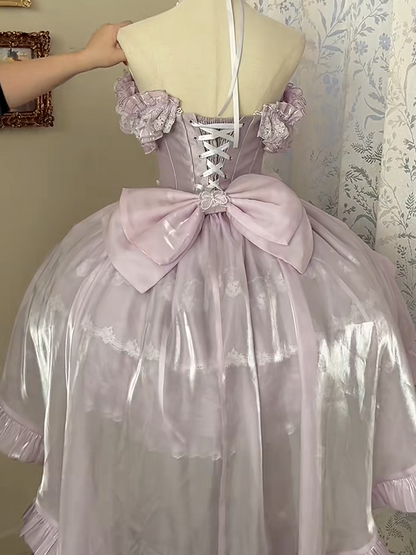 Lace Basque Blooming Flower Accents Hime Fluffy Lolita with Waist Layered Dress Purple