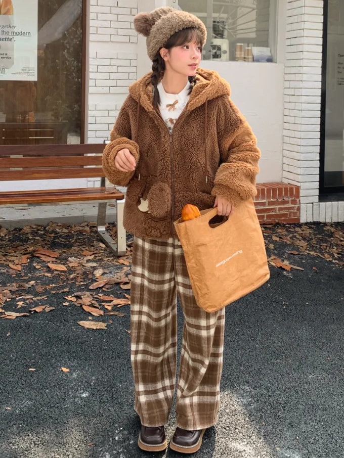 Brauner Fleece-Kapuzenpullover mit süßem Welpen-Taschendesign