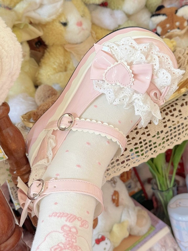 Lace Decor Heart - Sweet Lolita PU Trim Pink Platforms Bow Top