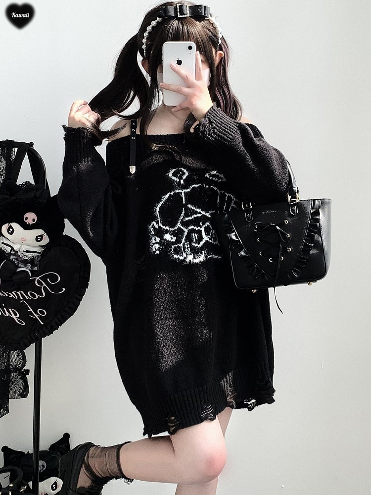 ジライケイ グレーエンジェル パピー グラフィック ダメージ加工 ホールズ ランドマイン ルーズ セーター