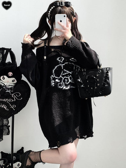 ジライケイ グレーエンジェル パピー グラフィック ダメージ加工 ホールズ ランドマイン ルーズ セーター