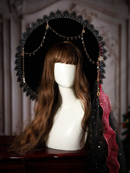 Red Ribbon Bow Christmas Fancy Witch Hat with Optional Shiny Veil and Stars Chain