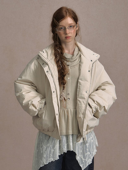 Dark Gray/Beige Cozy Short Down Jacket Fur Faux with Detachable Collar