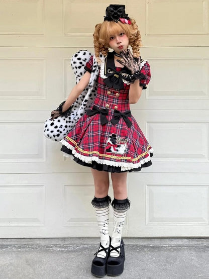 Trim Lace Black Red Sweet Plaid Lolita Dress with Patch Puppy and
