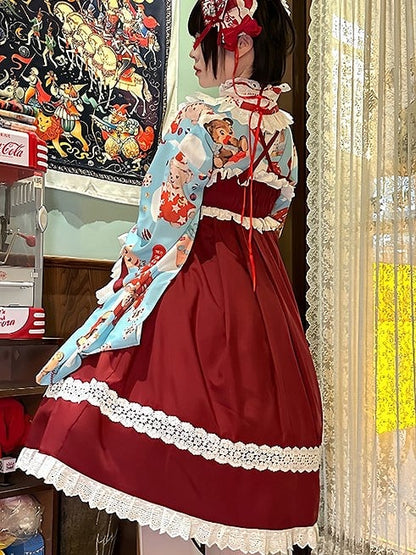 Wa Print + Bear Top Crossover Lace Dress Design Lolita Set Blue JSK Trimmed Red