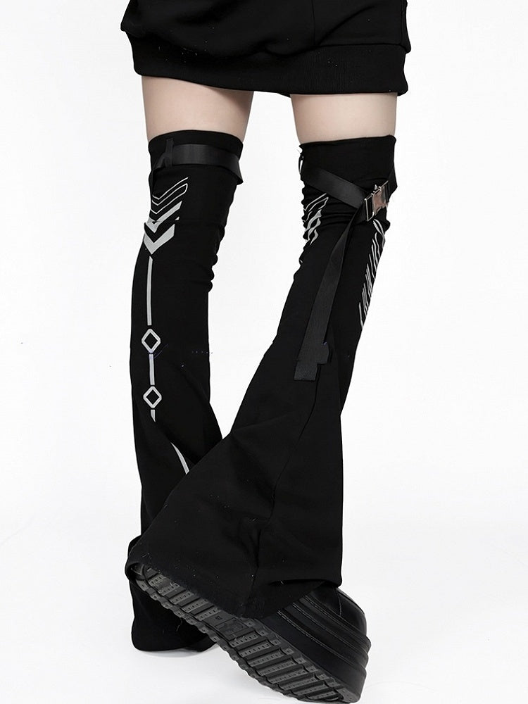 Reflective Leg Warmers Black Cyberpunk Design Techwear Flared Print