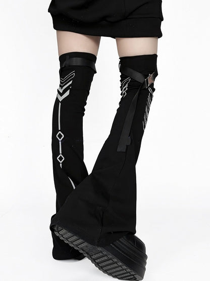Reflective Leg Warmers Black Cyberpunk Design Techwear Flared Print
