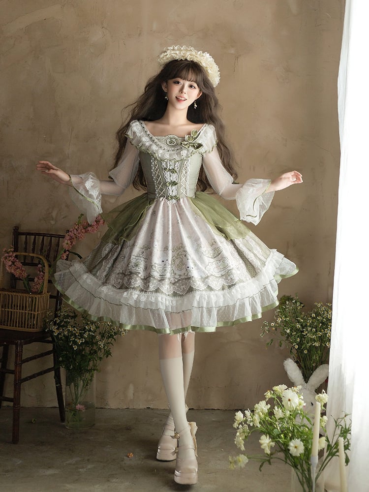 Lace Sleeves Dress Teacup and Rabbit Print Trimmings Lolita Long Green with