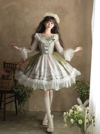 Lace Sleeves Dress Teacup and Rabbit Print Trimmings Lolita Long Green with