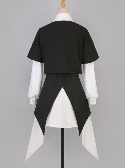 White Button-Front Long Gown with Necktie and Flowing Hem