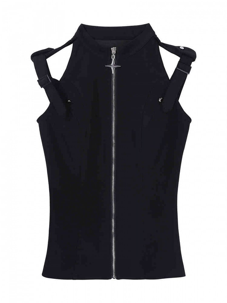 Shoulders Sleeveless Black Techwear Top Strap Buckle