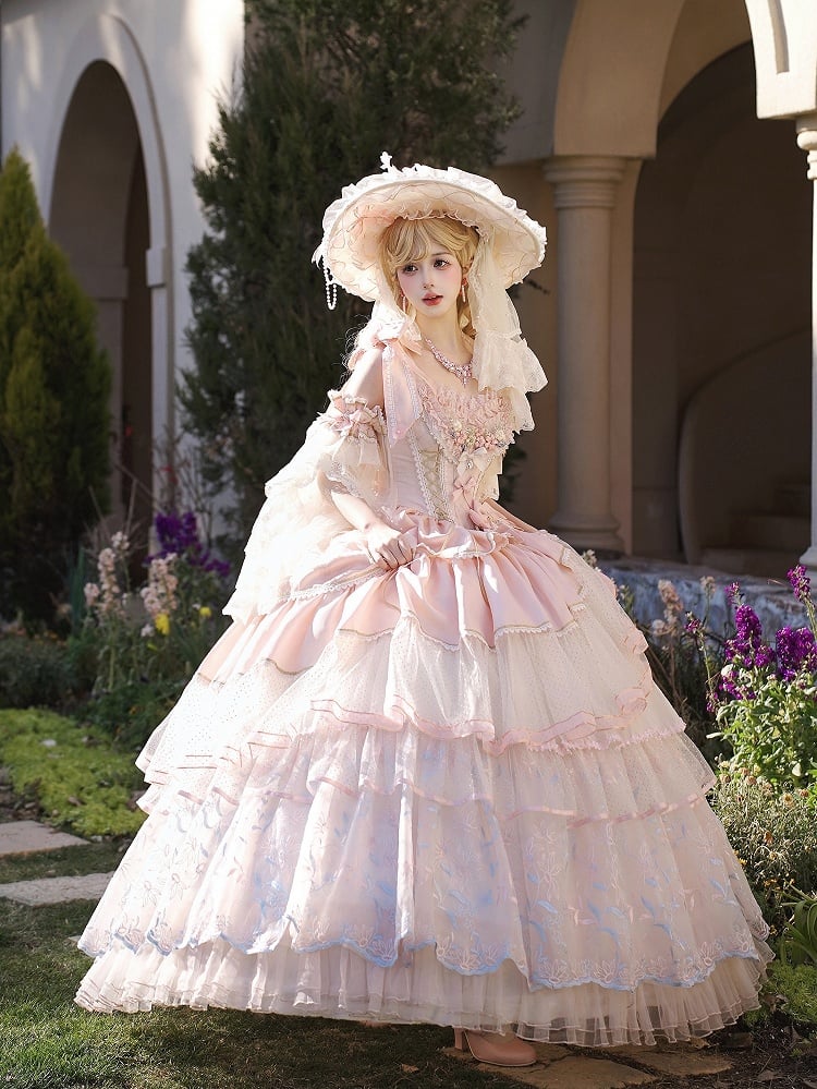 Hanayome Pink Corset Waist Hime Lolita Floor Length Dress Long Version with Floral Embroidery Layered Hem | Lukemi