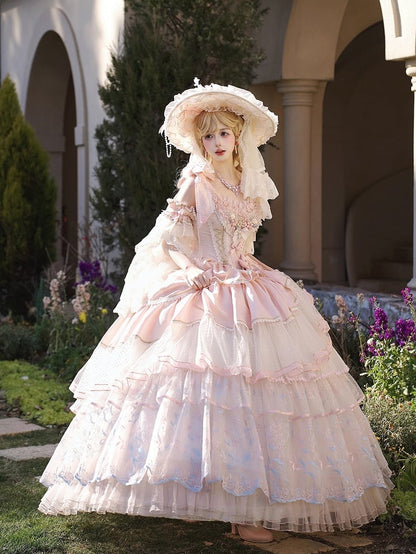 Hem Floor Pink Layered Waist Hanayome Dress Length Corset Floral with Embroidery Hime Lolita Version Long