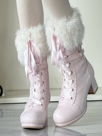 PU Bow Opening with Lolita System Sakura Ornate Boots Plush Pink Triple Boot in Mid-heel Fastening Elegant