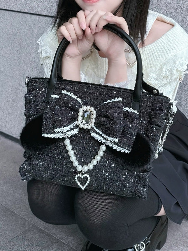 Embellishment Bunny Bow - Beaded Plush Elegant Black with Detachable Rhinestone Chain Decor Lolita Ruffled-Edge Bag Ear