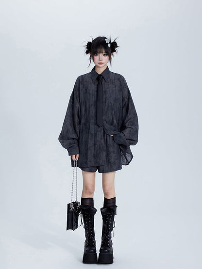 Shirt Set: Waist Top Polo Gray Shorts with Collar Tencel Elastic