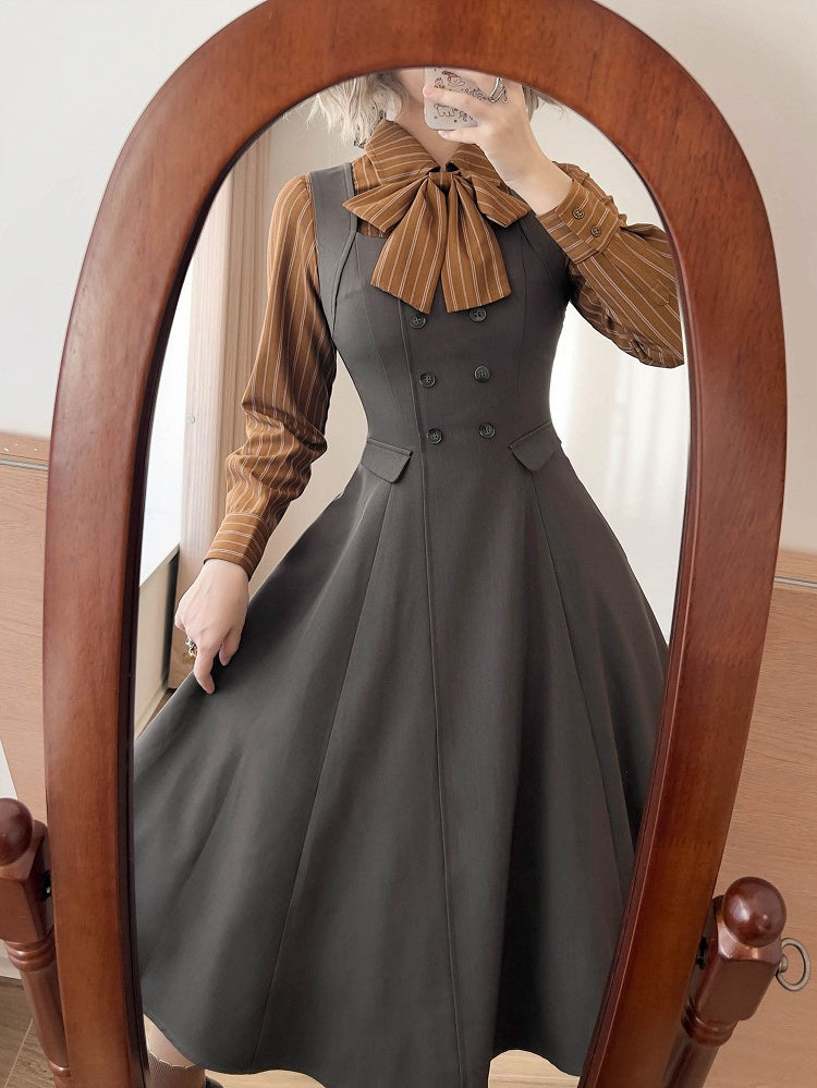 Sleeves Striped Elegant Bowtie Shirt Brown Long with Mocha
