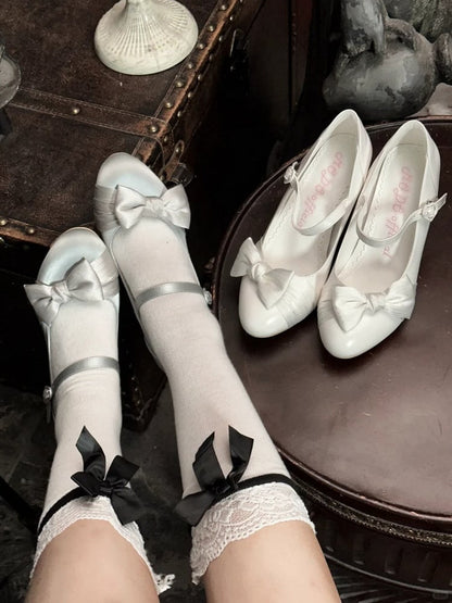 Sophisticated Silver Lolita Mid Heels - PU Leather with Ornamental Bow & Romantic Heart Fastener