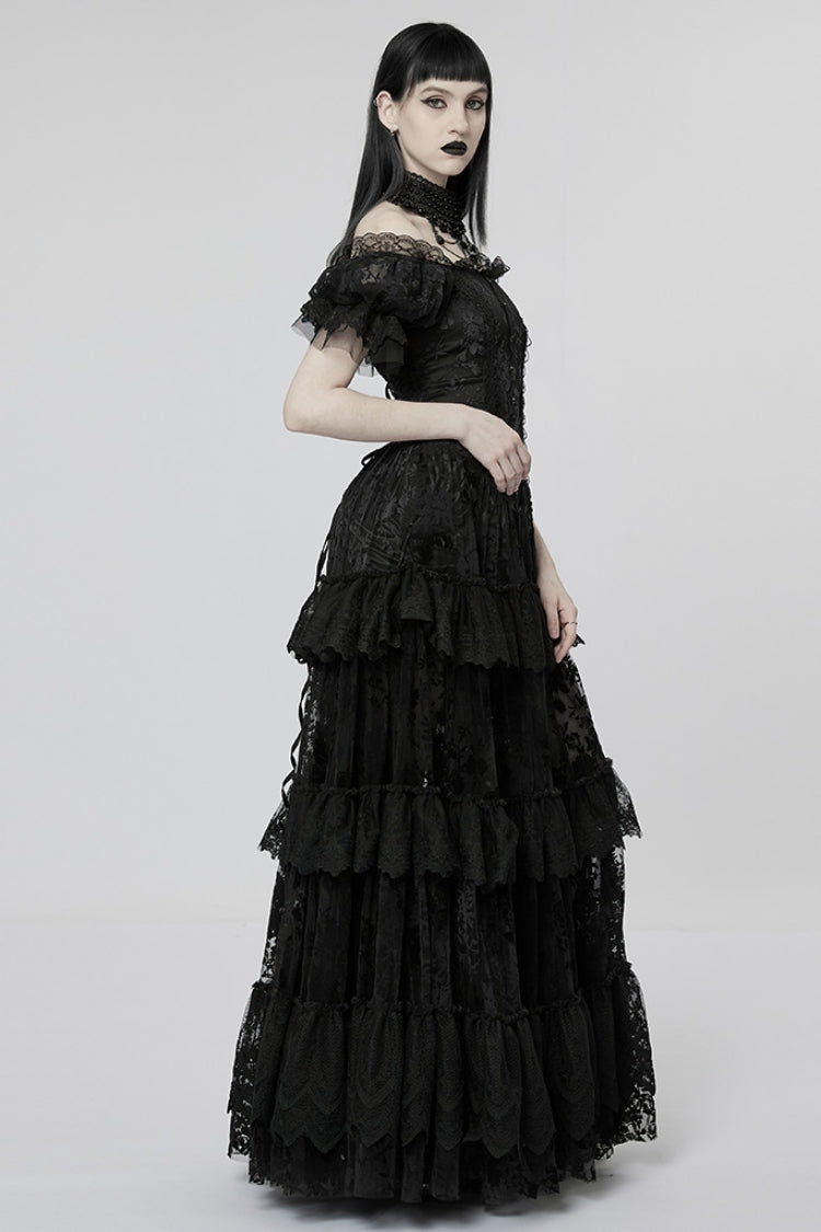 Short Puff Sleeves Print Ruffle Lace Women's Gothic Dress